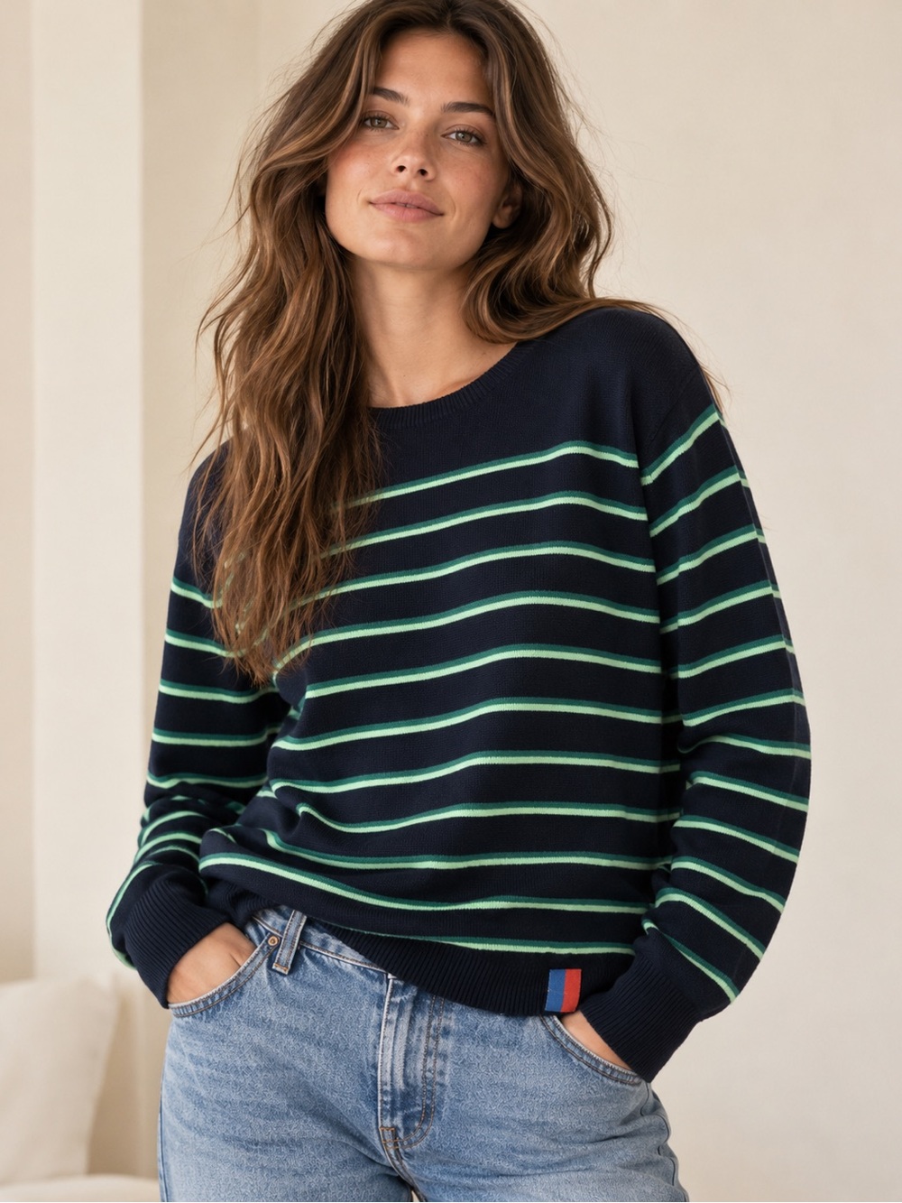 KULE Navy Green Striped Cashmere Sweater 92% Cashmere